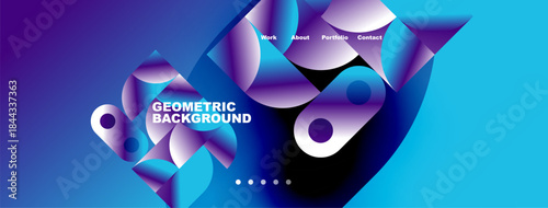 Abstract geometric background. Blue, purple gradients create dynamic shapes. Text labels work, about, portfolio, contact. Modern design.