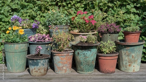 Various plants in repurposed metal planters sitting outdoors