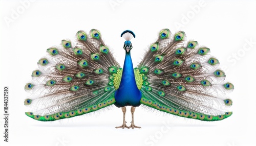 Peacock with Feathers Spread on White Background