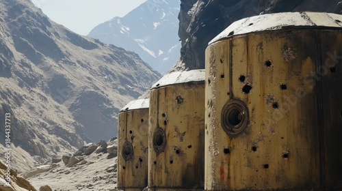 Weathered concrete military obstacles stand in a rocky mountain landscape