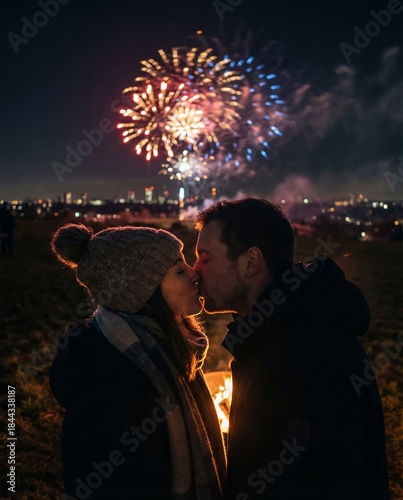 Kuss in der Silvesternacht mit Feuerwerk