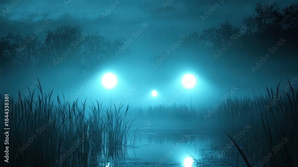 Fototapeta premium Eerie blue lights glowing over a foggy swamp at night