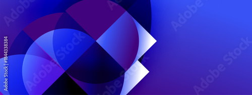 Abstract shapes overlap, creating vibrant blue, purple gradients. Modern design evokes energy, movement, depth. Smooth transitions dominate composition.