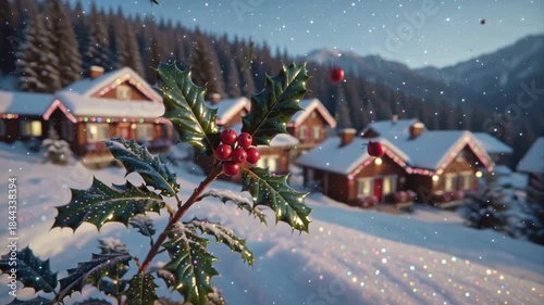holly branch with leaves and red berries evening magic Christmas snow