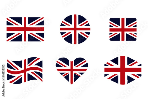 United Kingdom flag set in grunge style, oval, circular and heart shape. vector icon Illustration