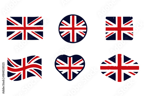 United Kingdom flag set in grunge style, oval, circular and heart shape. vector icon Illustration
