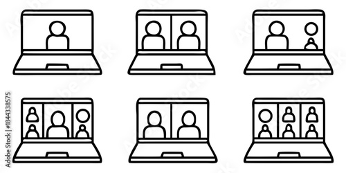 Video conference icon, Digital communication symbol, People on laptop screen, Internet learning media business concept, vector illustration