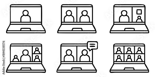 Video conference icon, Digital communication symbol, People on laptop screen, Internet learning media business concept, vector illustration