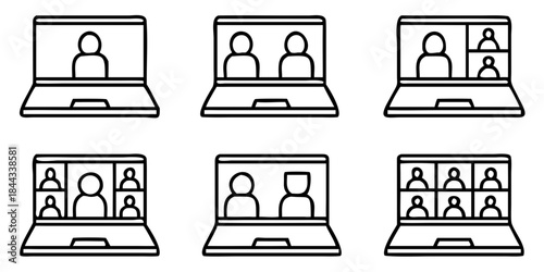 Video conference icon, Digital communication symbol, People on laptop screen, Internet learning media business concept, vector illustration