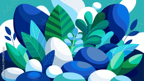 Blue Leaves, Rocks, Nature Background, Vector Illustration, Environmental Concept
