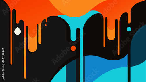 Vibrant abstract background, colorful paint drips, black, orange, blue gradient