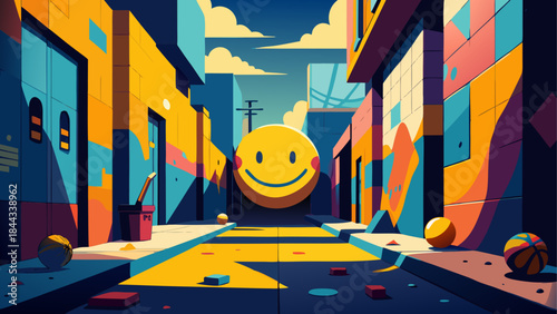 Vibrant alleyway, colorful street art, smiley face, urban landscape, graffiti walls
