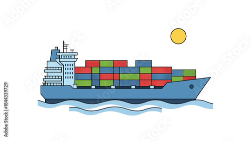 Container ship with stacked cargo navigating calm waters under a bright sun, representing efficient maritime delivery.