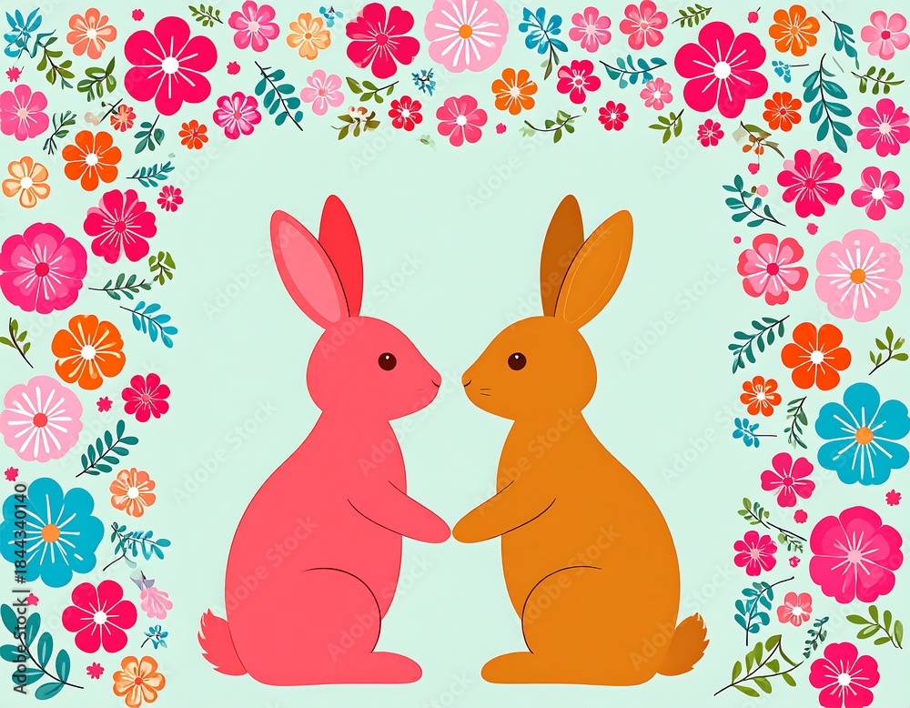 Obraz premium Two cartoon rabbits hold paws, surrounded by a floral arch on a light green background