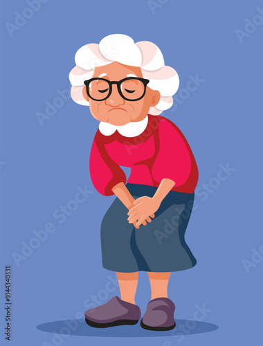 Elderly Woman Suffering from Knee Pain Vector Illustration. Sad unhappy old lady struggling with age related arthritis 
