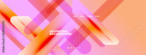 Abstract geometric shapes, pinks, oranges create modern background. Navigation links present, dots indicate sections.