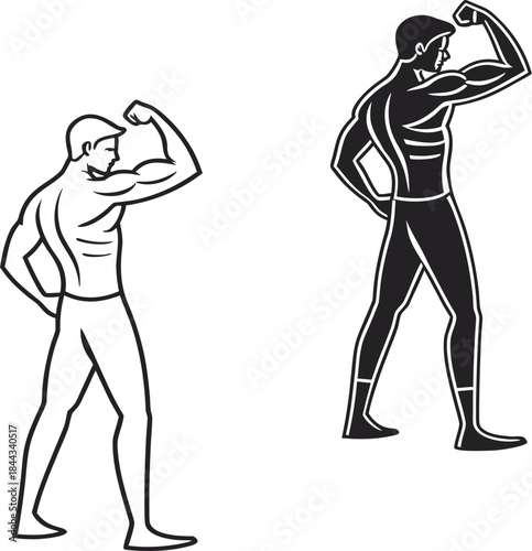 Bodybuilder flexing muscles, outline and silhouette vector icons