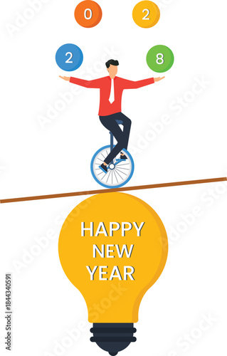 Happy New Year 2028 businessman balancing on unicycle juggling numbers business goals new ideas creative concept balancing act future planning corporate greeting