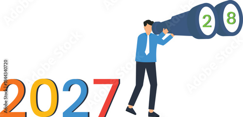 Businessman with binoculars future vision business forecast strategic planning looking ahead new year goals market trends financial outlook year 2028