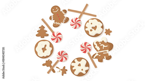 Delightful circular arrangement of classic Christmas gingerbread cookies in various shapes and festive candy lollipops.