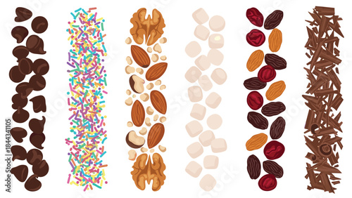 Vibrant collection of vertical stripes presenting various snack and dessert toppings such as chocolate chips, nuts, dried fruits, and marshmallows.
