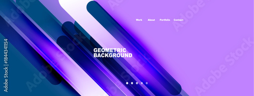 Abstract geometric background features vibrant blue, purple gradients. Minimalist design includes navigation work, about, portfolio, contact. Modern aesthetic.
