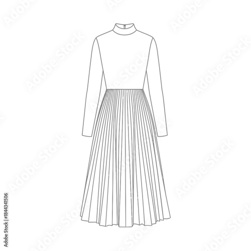 Back view of a long sleeve high neck pleated midi dress technical drawing