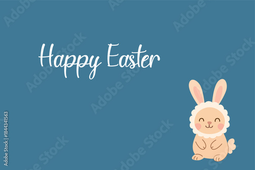 A cheerful Easter greeting card featuring the text Happy Easter and an adorable bunny on a blue background. Perfect for springtime holiday wishes.