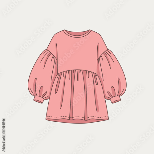 A soft pink tunic dress illustration featuring elegant balloon sleeves and a gathered empire waistline