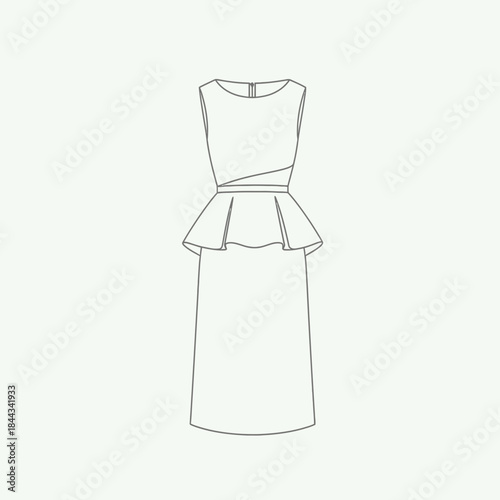 Sleeveless dress technical illustration with peplum waist detail and pencil skirt silhouette