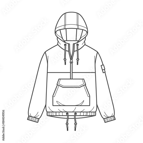 Flat sketch of a hooded pullover anorak jacket with a large front pocket