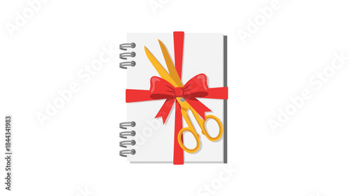 Practical spiral-bound notebook elegantly wrapped with a red ribbon and bow, with golden scissors on top, suggesting a thoughtful gift.