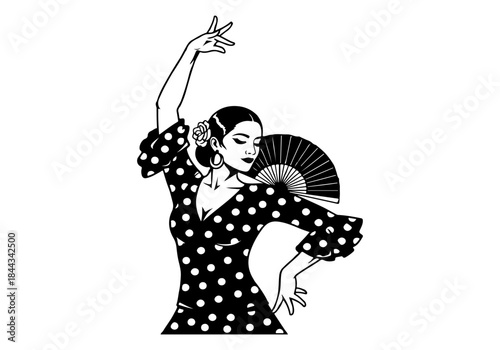 A black and white illustration of a flamenco dancer in a polka dot dress holding a fan.