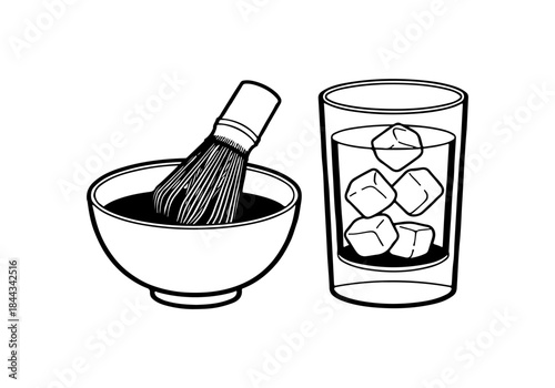 A black and white illustration of a bowl with a whisk and a glass of ice water, suggesting preparation of a beverage.