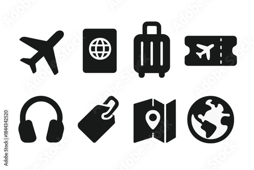 Air Travel Icons. Air travel essentials. Filled icon set of Air travel essentials: airplane, passport,