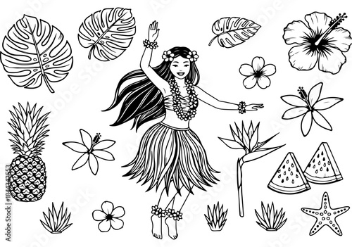 A black and white illustration of a hula dancer surrounded by tropical elements like pineapple, flowers, and leaves.