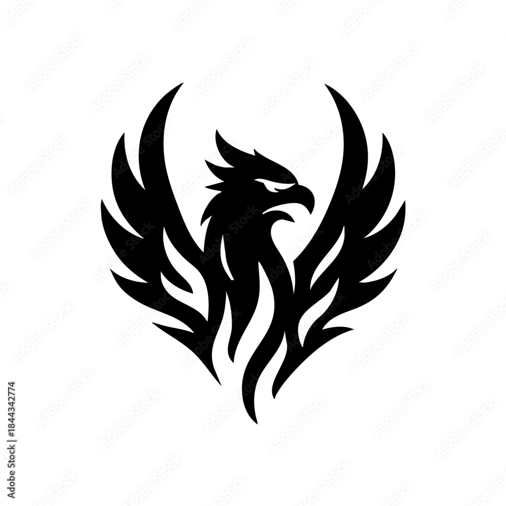 Fototapeta premium Aggressive phoenix head and wings rising, sharp flame details