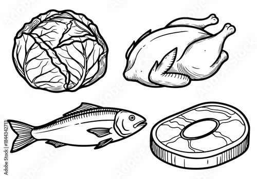 A black and white illustration featuring a whole cabbage, a raw chicken, a whole fish, and a raw steak.