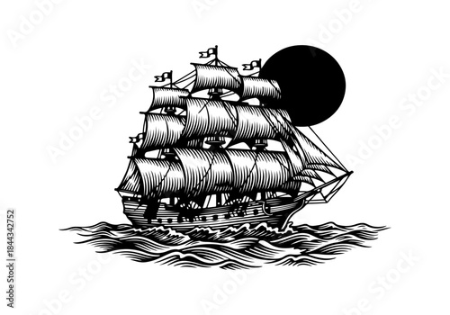 A majestic tall ship with full sails navigates through choppy seas under a dark, eclipsing sun.