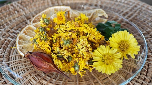Yellow chrysanthemum flowers, herbal tea.