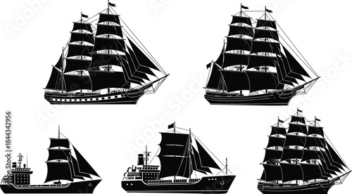 Detailed Black Silhouette Set of Five Historical Sailing Ships, Including Galleon and Clipper Style Vessels, Displaying Full Sails on the Sea.