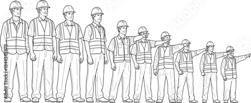 Construction Workers Lined Up Wearing Safety Gear in Industrial Setting Line Art Illustration