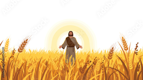 Powerful and serene image of Jesus Christ standing with outstretched arms in a golden wheat field, bathed in the bright light of the rising sun.