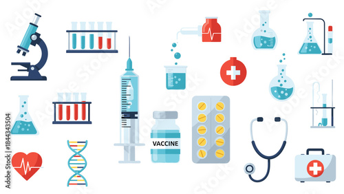 Comprehensive collection of diverse medical and scientific equipment and supplies, including a microscope, vaccine, pills, and stethoscope.