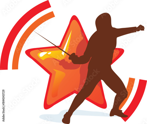 Brown fencer silhouette with orange star and red orange arcs
