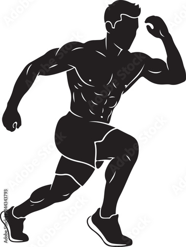 Muscular athlete sprinting forward in dynamic motion silhouette