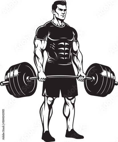 Muscular man lifting heavy barbell in black and white
