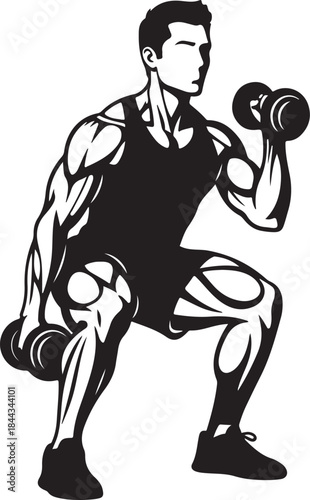 Muscular man performing dumbbell squats in silhouette style