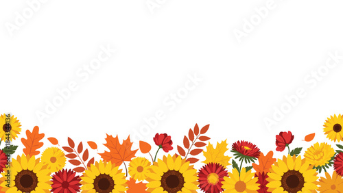 Vibrant and cheerful horizontal border design composed of colorful autumn sunflowers, chrysanthemums, and various maple leaves.