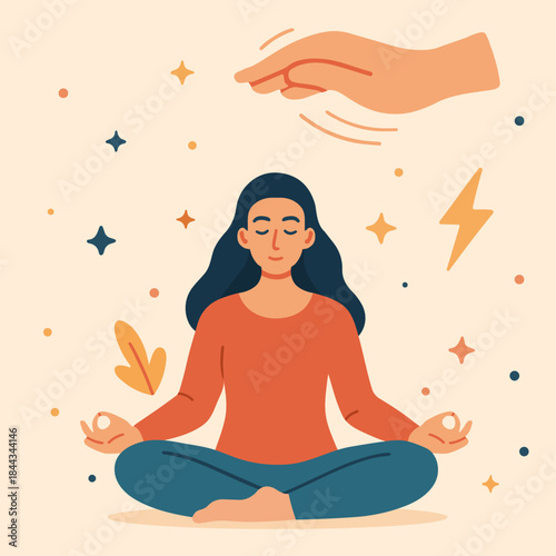 Meditation practice focused on theta healing and chakra alignment by a person in a relaxed pose